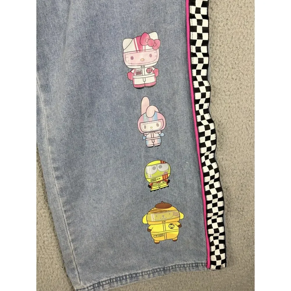 Hello Kitty Racing Team Jeans Women’s 13 Blue Wide Leg Baggy Tokyo Speed Check